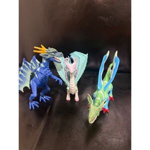 Set of 3 Dragon Figurines Fantasy Mythical Creatures Blue Pink Green Toys